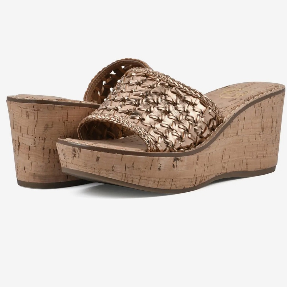 New White Mountain charges woven rosegold cork platform wedge slides 8
